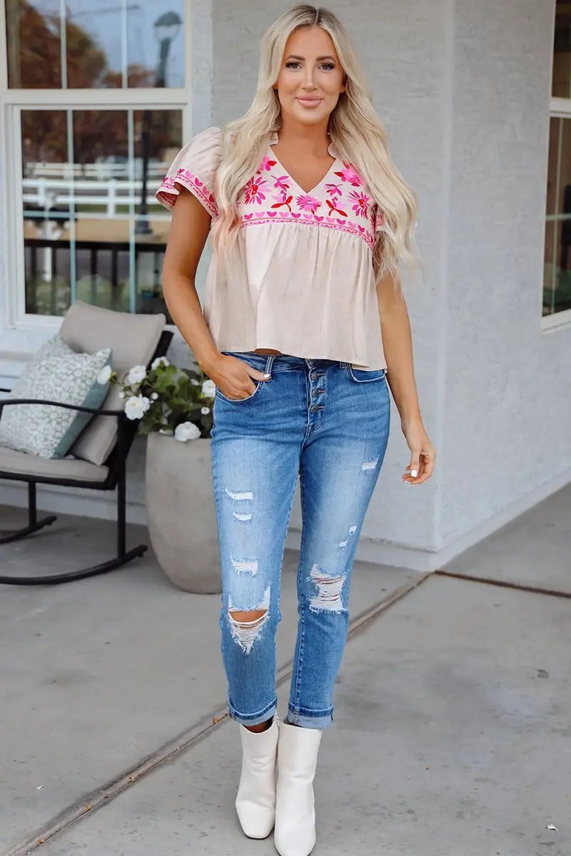 Beige Floral Embroidered Short Sleeve Notched V Neck Blouse - Love Salve